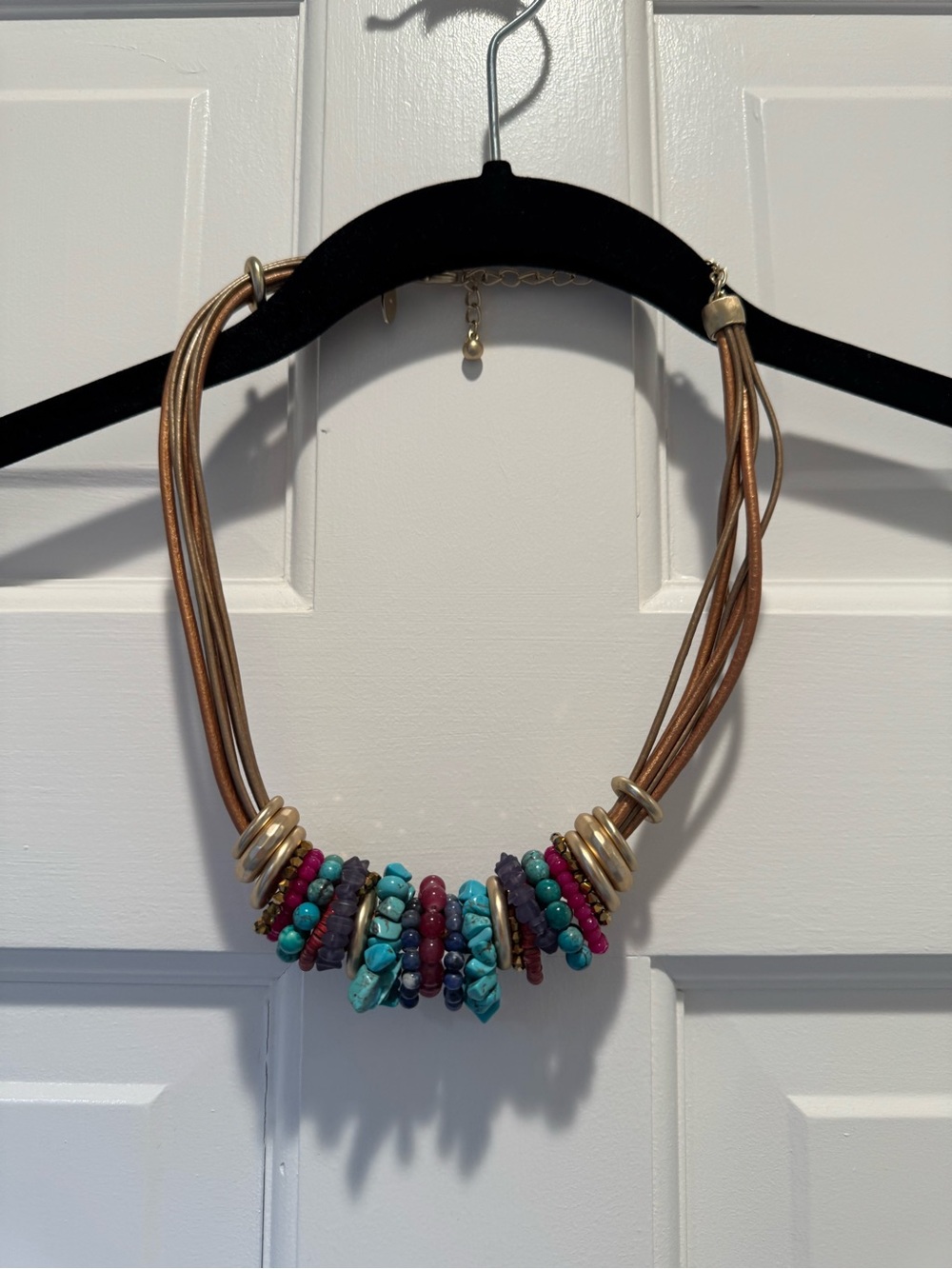 Chico's Multi-Strand Leather Necklace with Turquoise, Teal & Berry Beads
